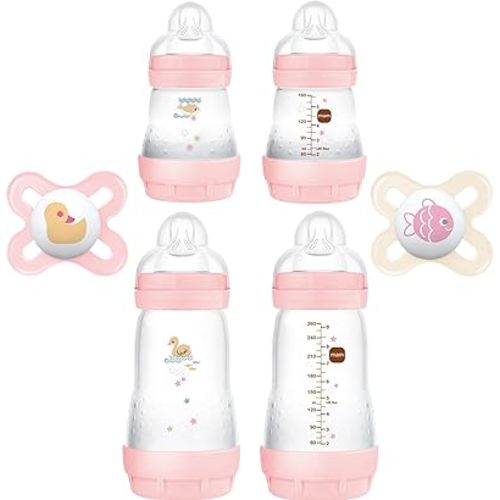 MAM Feed & Soothe Feeding Set, Newborn Essentials Must Have for 0-3 Months, Including 6 Pieces, Anti-Colic Baby Bottle Self-Sterilizing, Skinsoft Silicone Pacifiers, Baby Gift, Girl