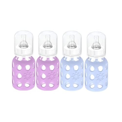 Lifefactory Glass Baby Bottles with Silicone Protection - 4-Pack, 4 oz Each Bottle (2- Blanket & 2- Lavender)