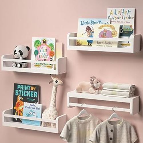 Dual-Guard Nursery Book Shelves Set of 4, Wood Floating Shelves for Nursery Room Wall Decor, Wall Mount Kids Bookshelf for Baby Bedroom Storage, Toddler Toy Hanging Wall Organizer - White