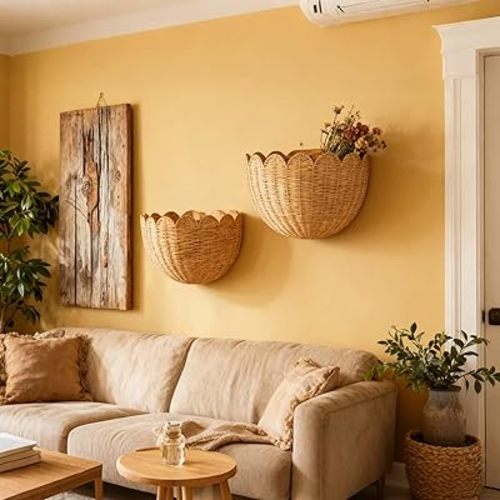 Scalloped Wall Basket,Hand Woven Hanging Wicker Wall Baskets Set, 16 x 10 x 7 & 14 x 8 x 6 Inch Scalloped Rattan Wall Basket Decor for Home,Bathroom,Living Room Organizing