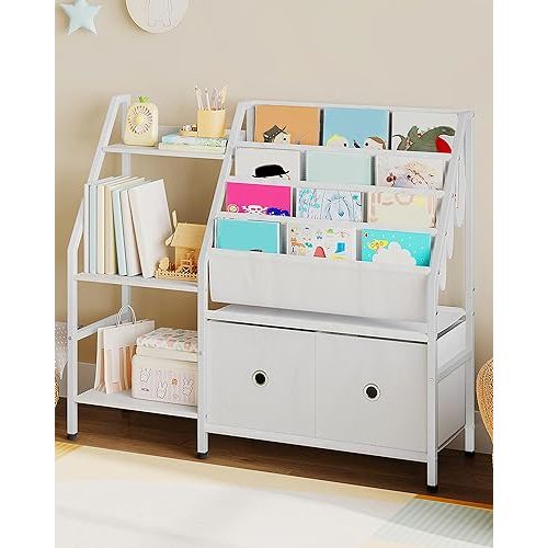 CHOEZON Kids Bookshelf and Toy Storage, 4-Tier Sling Bookshelf for Kids, Kid Book Shelf with 3-Tier Storage Shelf and 2 Drawers, Toddler Bookshelf for Kids Room, Nursery, Classroom, White TCW10WB