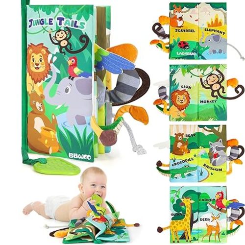 BBWOO Soft Baby Book Toy - Newborn Boy Girl Shower Gift - Tummy Time Toy for Infant 0-6 6-12 Months - Touch and Feel Sensory Crinkle Book with Teether - Baby Boy Girl Gift