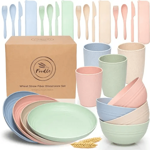 FOODLE Wheat Straw Dinnerware Sets for 4 - Lightweight & Unbreakable Dishes - Microwave & Dishwasher Safe - Perfect for Camping, Picnic, RV - Kids Plates and Bowls Sets - College Dorm Room Essentials