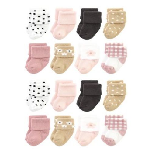 Hudson Baby Cotton Rich Baby Terry Socks 16-pack, Pink Gray Stripe, 6-12 Months