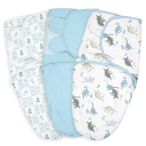 Baby Swaddle Sacks, 3-Pack Newborn Organic Cotton Swaddle Wrap, Adjustable Swaddling Blankets, Nursery Swaddling Essentials for Newborn 0-3 Months, Infant Shower Items Gift (Dinosaur & Forest)
