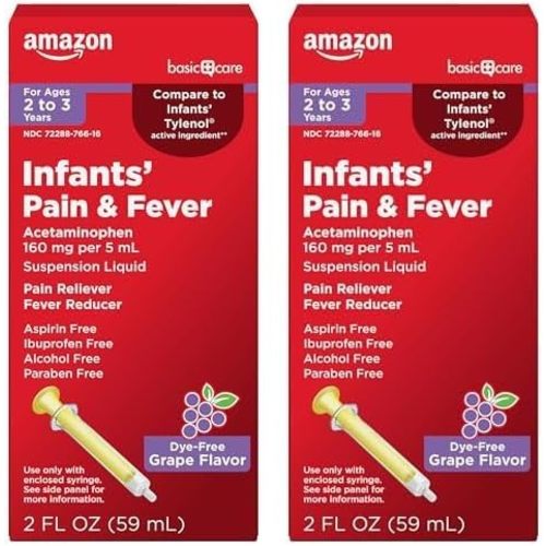 Amazon Basic Care Infants' Pain & Fever, Acetaminophen 160 mg per 5 mL, Suspension Liquid, Dye-Free Grape Flavor, 2 fl oz (Pack of 2)