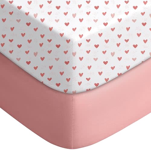 Yoofoss Pack and Play Sheets Fitted, Mini Crib Sheets 2-Pack for Pack N Play Mattress, Stretchy Playard Sheet, Soft and Breathable Pink + Heart