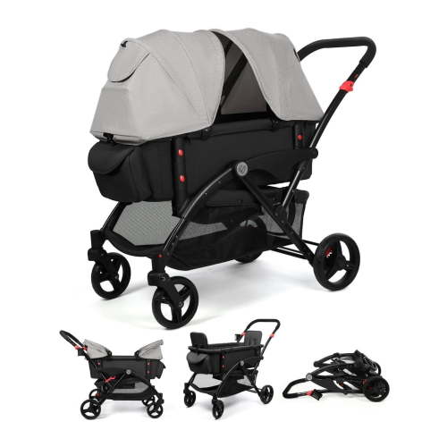 Vomeast Wagon Stroller with Canopy, 2-Seat Stroller Wagon for Kids, 5-Point Harness, Foldable, Gray & Black