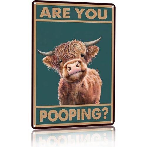 Vintage Highland Cow Tin Sign: Funny "Are You Pooping?" Bathroom Wall Decor for Western & Highland Cow Lovers 8 x 12 Inch (3039)