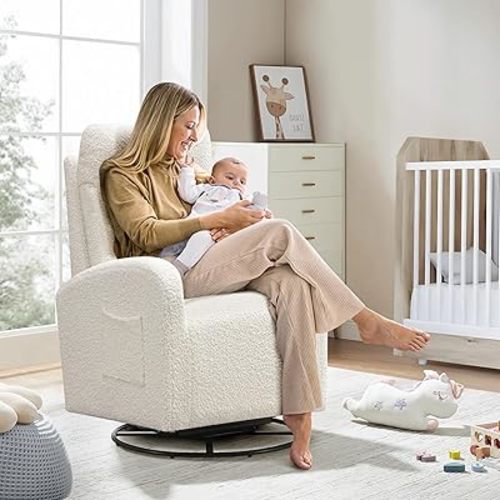 360° Swivel Glider Chair for Nursery, Modern Ergonomic Rocker Round Boucle Upholstered Comfy High Back Accent Rocking Chairs Side Pocket for Living Room, Bedroom, Cream White