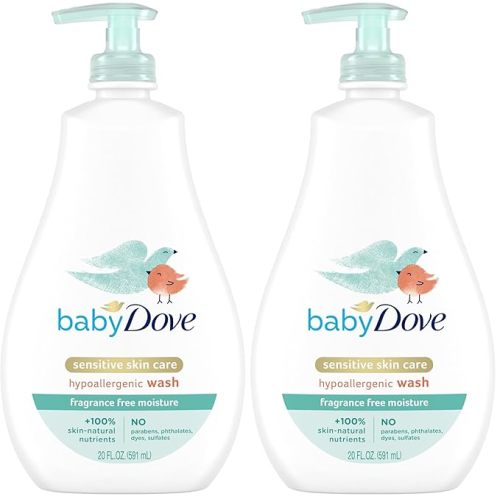 Baby Dove Sensitive Skin Care Baby Wash For Bath Time, Moisture Fragrance Free and Hypoallergenic, Washes Away Bacteria 20 oz (Pack of 2)