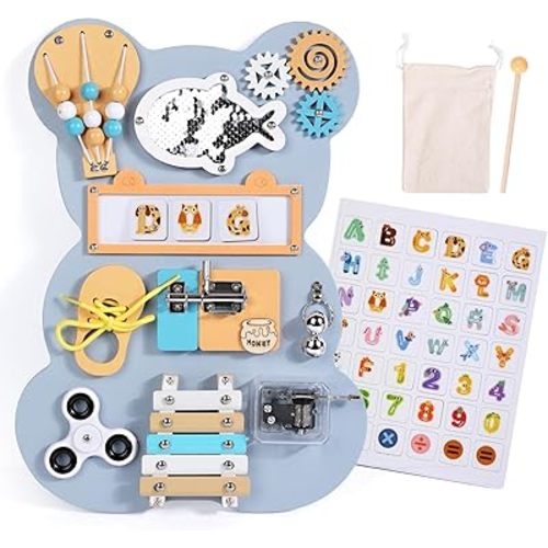 Montessori Toddler Busy Board, Wooden Sensory Board Activity Board Fine Motor Skills, Gifts for 3 4 5 Year Old Boys and Girls