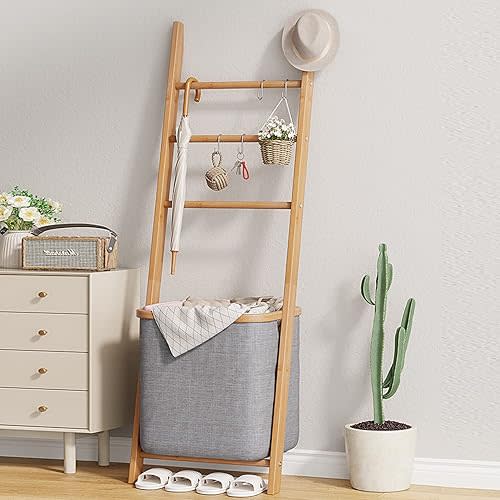 Blanket Ladder with Basket, Bamboo Towel Rack with Storage Hamper Basket, Wall Leaning Decorative Ladder Shelf, Drying Display Blanket Holder Rack for Bathroom Living Room (Grey)