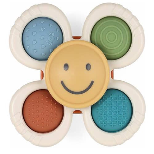 Itzy Ritzy Pop & Whirl – Fidget Spinner Travel & Bath Toy for Babies & Toddlers – Fidget w/Textured Silicone Poppers to Develop Fine Motor Skills – Sticks to Highchairs, Tables, Tubs More (Smile)