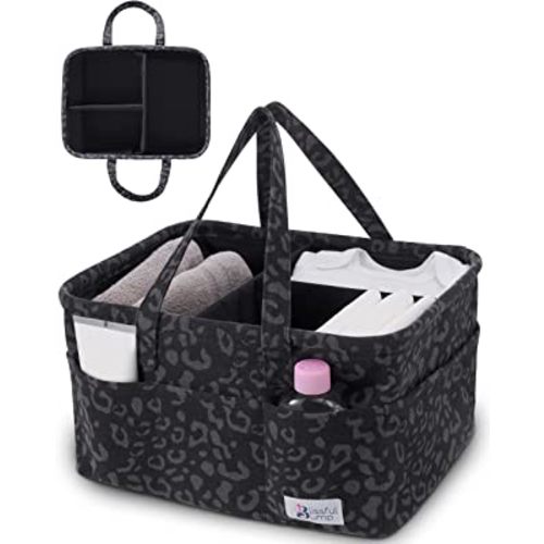 Baby Diaper Caddy Organizer Basket Grey, Baby Caddy for Newborn.-Extra large diaper caddy, Diaper bag storage caddy, Blissful Bump, Charcoal Leopard Print