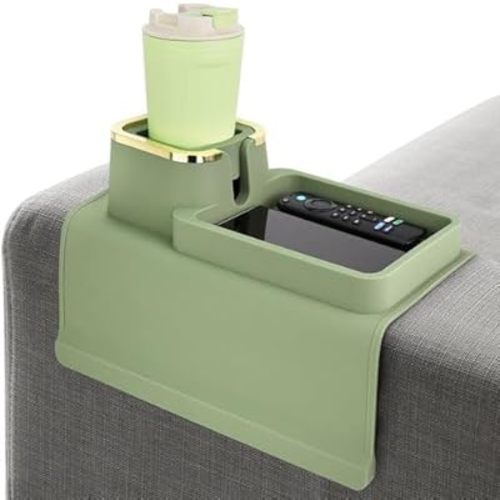 Couch Cup Holder Tray & Coffee Cup - Silicone Sofa Caddy for Arm Rest - Recliner Chair Remote Holder Table - Olive