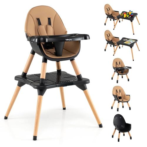 BABY JOY 6 in 1 High Chair, Convertible High Chairs for Babies and Toddlers/Booster Seat/Table and Chair Set, Infant Wooden Highchair w/ 5-Point Harness, 4-Position Removable Tray & PU Cushion, Coffee