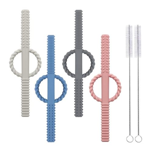 4 Pack Handle Hollow Teethers Tubes (6.8'' Long) Teething Toys for Babies 0-6 Months - BPA Free