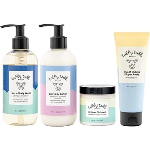 Tubby Todd Baby Bath & Skincare Kit - The Baby Bundle - Baby Shampoo and Body Wash, Everyday Lotion 8.5 Oz, All Over Ointment 3.5 Oz & Diaper Paste Cream 7.9 Oz Gift Set - Lavender Rosemary