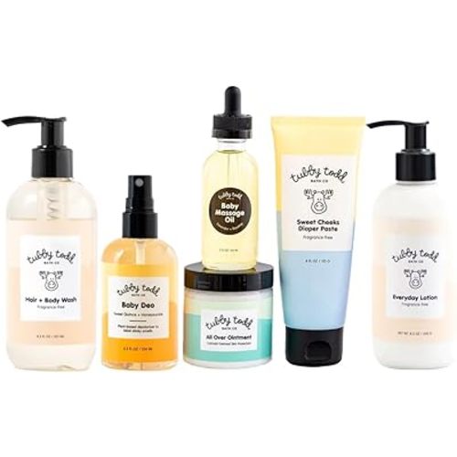 TUBBY TODD Baby Arrival Bath & Skincare Set - The Newborn Gift Set - Baby Shampoo and Body Wash, Lotion, All Over Ointment, Diaper Paste, Baby Massage Oil, Baby Deo - Standard Size Fragrance-Free