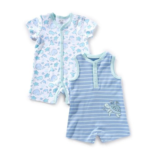 Little Me Baby Boys 3-12 Months Short-Sleeve Sealife-Printed Shortall & Sleeveless Striped Sea Turtle Motif Shortall Two-Pack