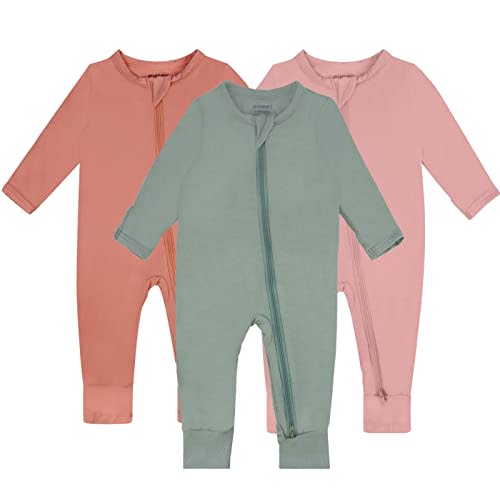 GUISBY Baby Pajamas with Mitten Cuffs - 3Pcs Girls Boys 2 Way Zipper Long Sleeve Rayon Sleepers