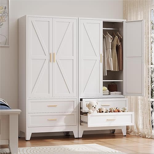 Metal Wardrobe Cabinet with Hanging Rod,71" Armoire Wardrobe Closet with 2 Drawers,Farmhouse Bedroom Armoire,Storage Cabinets with Door and Shelves for Bedroom,Laundry Room(White)
