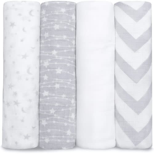 Comfy Cubs Muslin Swaddle Blankets Pack of 4, 47 x 47 Inches, Soft Cotton Baby Blanket Set, Large Multipurpose Swaddling Wraps for Newborns - Self-Soothing Swaddle - Grey