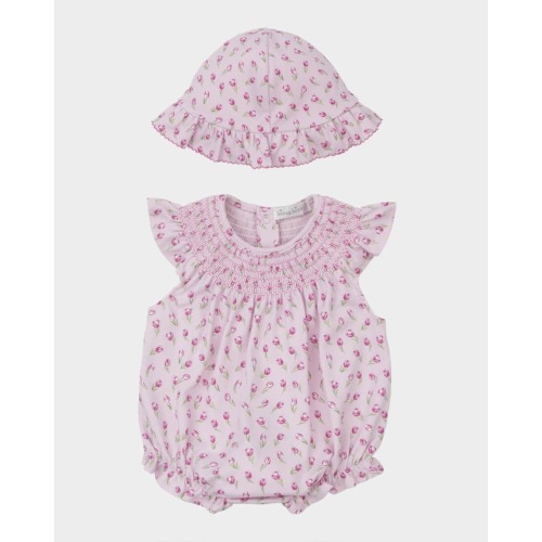Girl's Tulip Blossoms Smocked Bubble Romper W/ Sunhat, Size Newborn-9M