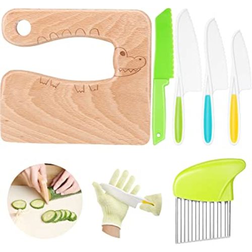 Zhehao 7 Pieces Wooden Kids Kitchen Knife Include wood Kids Knife Plastic Potato Slicers Cooking Knives Serrated Edges Toddler Knife Kids Plastic Knife Resistant Gloves for Children (Crocodile)