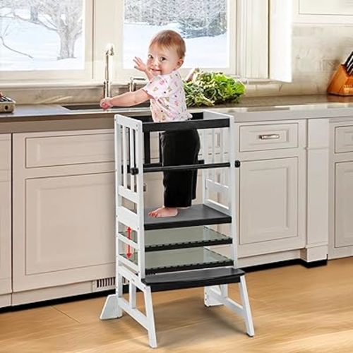 COSYLAND Toddler Standing Tower - Adjustable Height Toddler Kitchen Stool Helper - Kids Kitchen Step Stool for Learning with Removable Safety Railing Black&White