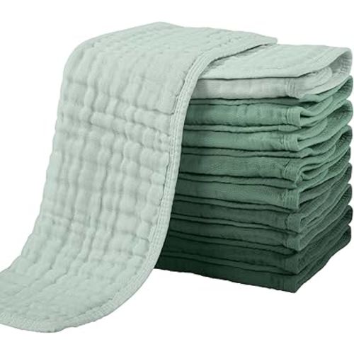 Yoofoss Muslin Burp Cloths for Baby 10 Pack 100% Organic Cotton Baby Washcloths for Boys Girls Large 20''X10'' Super Soft and Absorbent Gradient Green