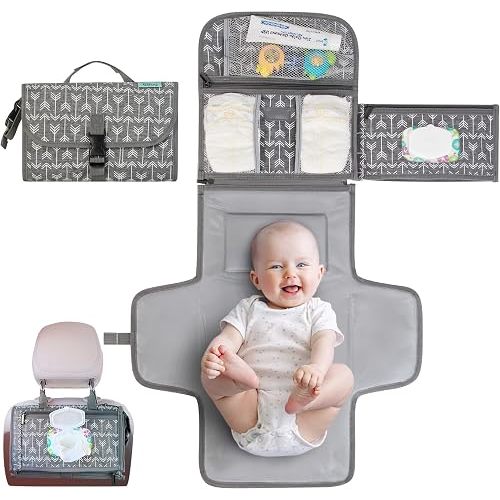 Kopi Baby Portable Diaper Changing Pad, Wipes Pocket, Premium Grey Arrows