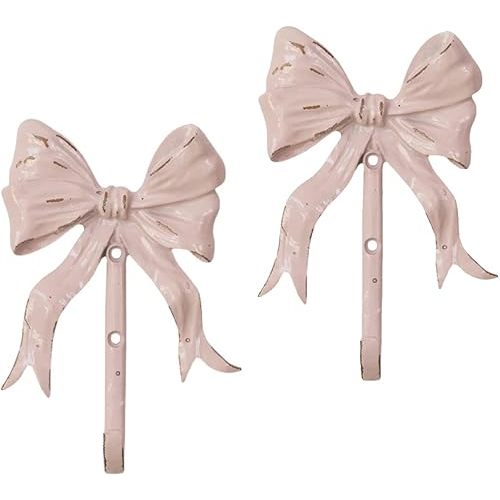 Pack of 2 Shabby Chic Large Decorative Wall Hooks 5.3" H,Iron Pink Bow Coat Hooks with Screws for Key, Towel, Bags, Cup, Hat and More