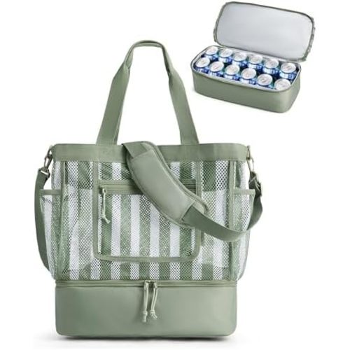 BAGSMART Beach Bag for Women, Mesh Tote Bags with Zipper, Sandproof Vacation Essentials with Cooler for Swim Cruise Pool