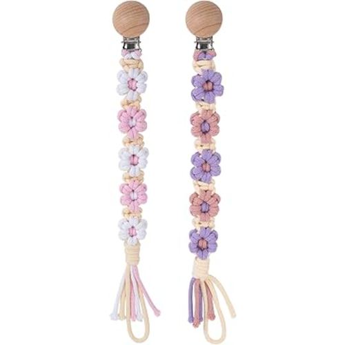 Pacifier Clip for Boys Girls Floral Daisy Macrame Baby Paci Clip Pacifier Holder Leash Boho Wooden Clips Handmade Braided Cotton Binky Clips (2pack:Pink Daisy & Lavender Style B)