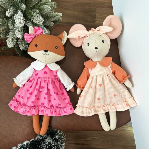 Handmade Natural Linen And Cotton Fabric Stuffed Animal Toy Kid - Handmade Fox Doll And Mouse Doll, Valentine's day gift