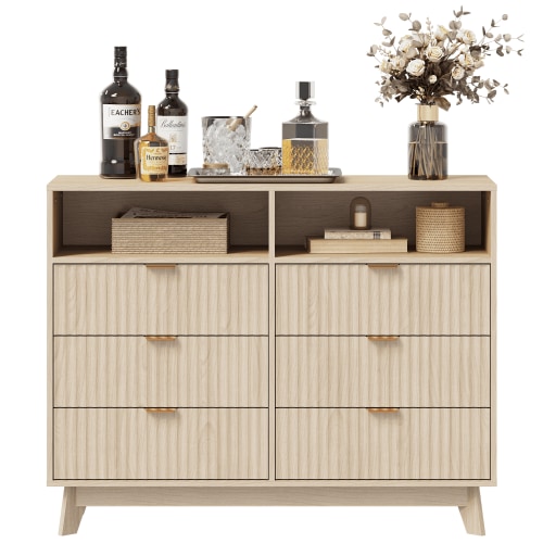 EROMMY Fluted 6 Drawers Dressers, 45" Wide Modern Chest of Drawers with Metal Handle, Wooden Dresser TV Stand, Wood Drawer Storage Organizer for Bedroom, Living Room, Hallway, Natural Oak