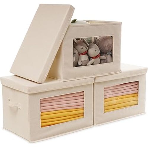Citylife 3 Pack Storage Bins with Lids, Fabric Foldable Storage Bins with Soft Cord Handles, Canvas Storage Bin with Lid for Organizing Clothes, Blankets and Books, Beige
