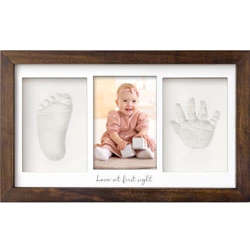 Baby Hand and Footprint Kit - Clay Handprint Keepsake Frame, Newborn Nursery Picture Frame, Personalized New Mom Gifts for Baby Shower & Registry (Dark Walnut)