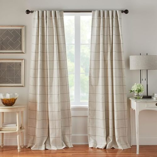 Elrene Home Fashions Brighton Windowpane Plaid Blackout Window Curtain, Living Room and Bedroom Drape with Back Tab and Rod Pocket Tabs, 52"x108", Linen, 1 Panel