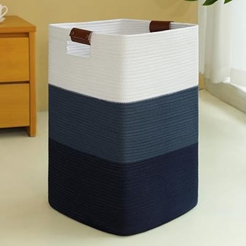 Laundry Hamper 96L Extra Large Laundry Basket, Woven Blanket Basket, Cotton Woven Storage Basket Hamper with Handles for Living Room, Large Basket Pillows, Blankets, Clothes-Gradient Blue