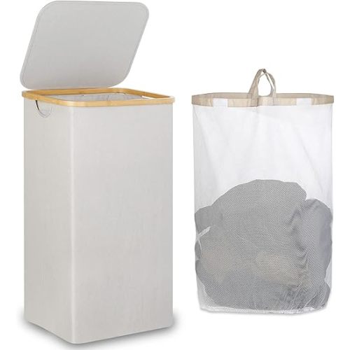 Laundry Basket with Lid, Large Laundry Hamper with Handle and Lid, Collapsible Clothes Basket Organizer with Removable Inner Bag for Clothes Toys Towels - 110L Light Grey