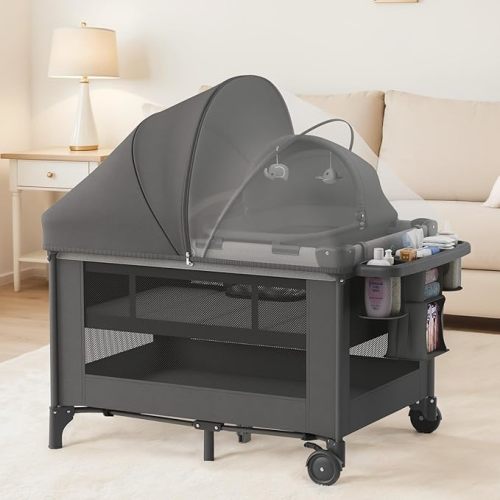 4-in-1 Baby Bassinet with Playard, Napper Bassinet, Changing Table, Mosquito Net & Canopy, Storage and Toys for Newborn to Toddler