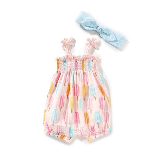Mud Pie Baby Girls Newborn-9 Months Popsicle Print Tie Sleeve Romper & Headband Set
