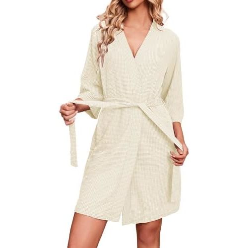 Ekouaer Robes for Women Waffle Knit Bathrobe Soft Lightweight Knee Length Loungewear S-XXL