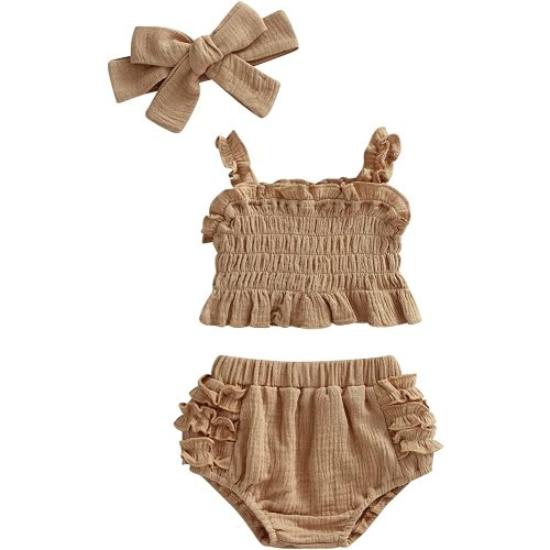 Yccutest Newborn Infant Baby Girls Outfits Set 3Pcs Smocked Crop Vest Tops Ruffle Shorts Summer Clothes with Headband