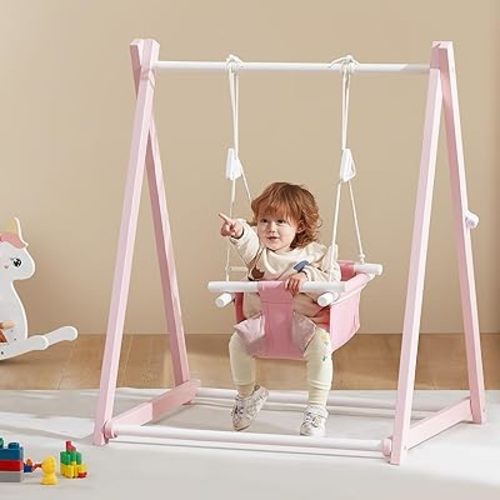 FUNLIO Montessori Wooden Swing Set for Toddlers 6-36 Months, Foldable Indoor Baby Swing Set of Durable Pine, Portable with 4 Sandbags &Extension Straps, Toddler Swing for Indoor/Outdoor-Pink