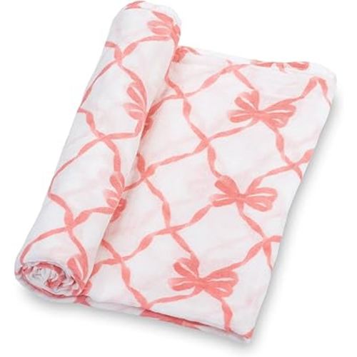 LollyBanks Swaddle Blanket | 100% Muslin Cotton | Newborn and Baby Nursery Essentials for Girls, Registry | Pink Bow Print