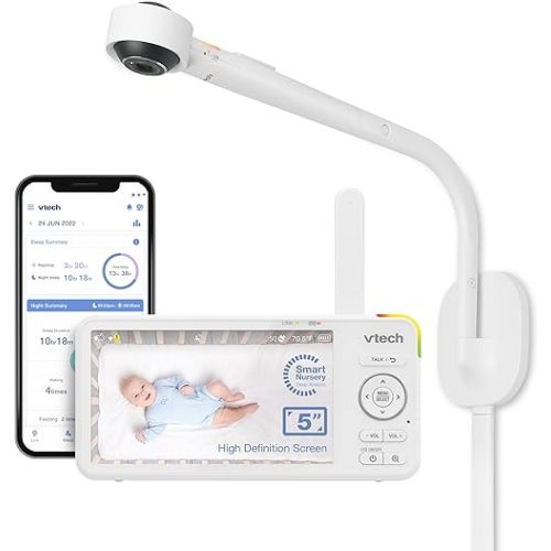 VTech VC2105 1080p FHD WiFi Smart Baby Monitor with 5" 720p HD LCD Screen. Over-The-Crib, Remote Access, Intelligence Built-in, Sleep Analysis, Rollover & Face Cover Detection, 18 hrs Recording